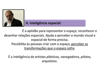 4. Inteligência espacial: 
É a aptidão para representar o espaço, reconhecer e 
desenhar relações espaciais. Ajuda a perceber o mundo visual e 
espacial de forma precisa. 
Possibilita às pessoas criar com o espaço, perceber as 
transformações que o espaço sofre. 
É a inteligência de artistas plásticos, navegadores, pilotos, 
arquitetos. 
 