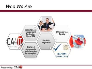 Who We Are

Specializing in
Independent
Contractors
Since 1984

Offices across
Canada
ISO 9001
Registered

Chartered
Accountants
for Information
Technologists

Presented by:

 