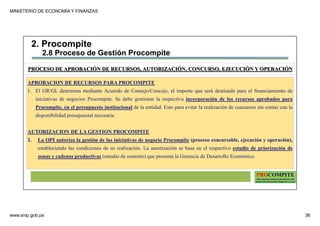 MINISTERIO DE ECONOMÍA Y FINANZAS
www.snip.gob.pe 36
PROCOMPITE
Herramienta poderosa de fomento del
Desarrollo Económico Regional y Local
APROBACION DE RECURSOS PARA PROCOMPITE
1. El GR/GL determina mediante Acuerdo de Consejo/Concejo, el importe que será destinado para el financiamiento de
iniciativas de negocios Procompite. Se debe gestionar la respectiva incorporación de los recursos aprobados para
Procompite, en el presupuesto institucional de la entidad. Esto para evitar la realización de concursos sin contar con la
disponibilidad presupuestal necesaria.
AUTORIZACION DE LA GESTION PROCOMPITE
2. La OPI autoriza la gestión de las iniciativas de negocio Procompite (proceso concursable, ejecución y operación),
estableciendo las condiciones de su realización. La autorización se basa en el respectivo estudio de priorización de
zonas y cadenas productivas (estudio de sustento) que presenta la Gerencia de Desarrollo Económico.
PROCESO DE APROBACIÓN DE RECURSOS, AUTORIZACIÓN, CONCURSO, EJECUCIÓN Y OPERACIÓN
2. Procompite
2.8 Proceso de Gestión Procompite
 