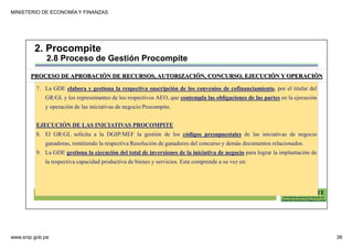 MINISTERIO DE ECONOMÍA Y FINANZAS
www.snip.gob.pe 38
PROCOMPITE
Herramienta poderosa de fomento del
Desarrollo Económico Regional y Local
7. La GDE elabora y gestiona la respectiva suscripción de los convenios de cofinanciamiento, por el titular del
GR/GL y los representantes de los respectivos AEO, que contempla las obligaciones de las partes en la ejecución
y operación de las iniciativas de negocio Procompite.
EJECUCIÓN DE LAS INICIATIVAS PROCOMPITE
8. El GR/GL solicita a la DGIP/MEF la gestión de los códigos presupuestales de las iniciativas de negocio
ganadoras, remitiendo la respectiva Resolución de ganadores del concurso y demás documentos relacionados.
9. La GDE gestiona la ejecución del total de inversiones de la iniciativa de negocio para lograr la implantación de
la respectiva capacidad productiva de bienes y servicios. Esta comprende a su vez en:
PROCESO DE APROBACIÓN DE RECURSOS, AUTORIZACIÓN, CONCURSO, EJECUCIÓN Y OPERACIÓN
2. Procompite
2.8 Proceso de Gestión Procompite
 