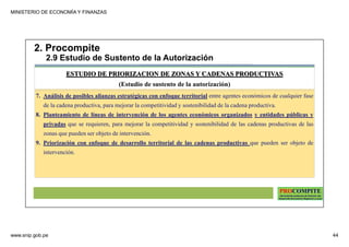 MINISTERIO DE ECONOMÍA Y FINANZAS
www.snip.gob.pe 44
PROCOMPITE
Herramienta poderosa de fomento del
Desarrollo Económico Regional y Local
7. Análisis de posibles alianzas estratégicas con enfoque territorial entre agentes económicos de cualquier fase
de la cadena productiva, para mejorar la competitividad y sostenibilidad de la cadena productiva.
8. Planteamiento de líneas de intervención de los agentes económicos organizados y entidades públicas y
privadas que se requieren, para mejorar la competitividad y sostenibilidad de las cadenas productivas de las
zonas que pueden ser objeto de intervención.
9. Priorización con enfoque de desarrollo territorial de las cadenas productivas que pueden ser objeto de
intervención.
ESTUDIO DE PRIORIZACION DE ZONAS Y CADENAS PRODUCTIVAS
(Estudio de sustento de la autorización)
2. Procompite
2.9 Estudio de Sustento de la Autorización
 