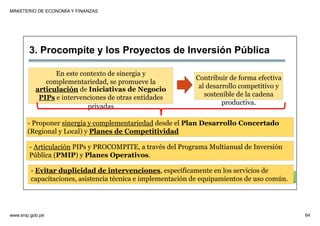 MINISTERIO DE ECONOMÍA Y FINANZAS
www.snip.gob.pe 64
PROCOMPITE
Herramienta poderosa de fomento del
Desarrollo Económico Regional y Local
3. Procompite y los Proyectos de Inversión Pública
En este contexto de sinergia y
complementariedad, se promueve la
articulación de Iniciativas de Negocio
PIPs e intervenciones de otras entidades
privadas
- Proponer sinergia y complementariedad desde el Plan Desarrollo Concertado
(Regional y Local) y Planes de Competitividad
Contribuir de forma efectiva
al desarrollo competitivo y
sostenible de la cadena
productiva.
- Articulación PIPs y PROCOMPITE, a través del Programa Multianual de Inversión
Pública (PMIP) y Planes Operativos.
- Evitar duplicidad de intervenciones, específicamente en los servicios de
capacitaciones, asistencia técnica e implementación de equipamientos de uso común.
 