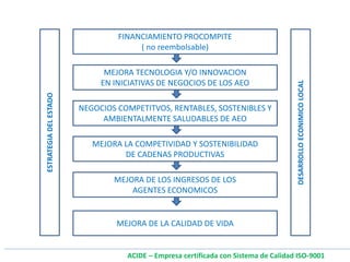 FINANCIAMIENTO PROCOMPITE
( no reembolsable)
MEJORA TECNOLOGIA Y/O INNOVACION
EN INICIATIVAS DE NEGOCIOS DE LOS AEO
NEGOCIOS COMPETITVOS, RENTABLES, SOSTENIBLES Y
AMBIENTALMENTE SALUDABLES DE AEO
MEJORA LA COMPETIVIDAD Y SOSTENIBILIDAD
DE CADENAS PRODUCTIVAS
MEJORA DE LOS INGRESOS DE LOS
AGENTES ECONOMICOS
MEJORA DE LA CALIDAD DE VIDA
ESTRATEGIADELESTADO
DESARROLLOECONIMICOLOCAL
ACIDE – Empresa certificada con Sistema de Calidad ISO-9001
 