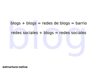 blog blogs + blogs = redes de blogs = barrio redes sociales + blogs = redes sociales estructura nativa 