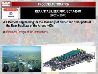 REAR STABILIZER PROJECT A400M (2002 – 2004) Electrical Engineering for the assembly of rudder and other parts of the Rear Stabilizer of the Airbus 400M. Electrical Design of the installations PROCESS AUTOMATION 