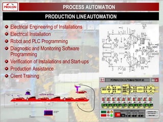 PROCESS AUTOMATION PRODUCTION LINE AUTOMATION Electrical Engineering of Installations Electrical Installation Robot and PLC Programming Diagnostic and Monitoring Software Programming Verification of Installations and Start-ups Production Assistance Client Training 