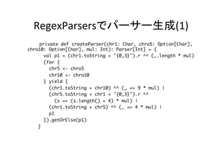 RegexParsersでパーサー生成(1)	
　　　　private def createParser(chr1: Char, chro5: Option[Char],
chro10: Option[Char], mul: Int): Parser[Int] = {
val p1 = (chr1.toString + "{0,3}").r ^^ (_.length * mul)
(for {
chr5 <- chro5
chr10 <- chro10
} yield {
(chr1.toString + chr10) ^^ (_ => 9 * mul) |
(chr5.toString + chr1 + "{0,3}").r ^^
(s => (s.length() + 4) * mul) |
(chr1.toString + chr5) ^^ (_ => 4 * mul) |
p1
}).getOrElse(p1)
}	
 