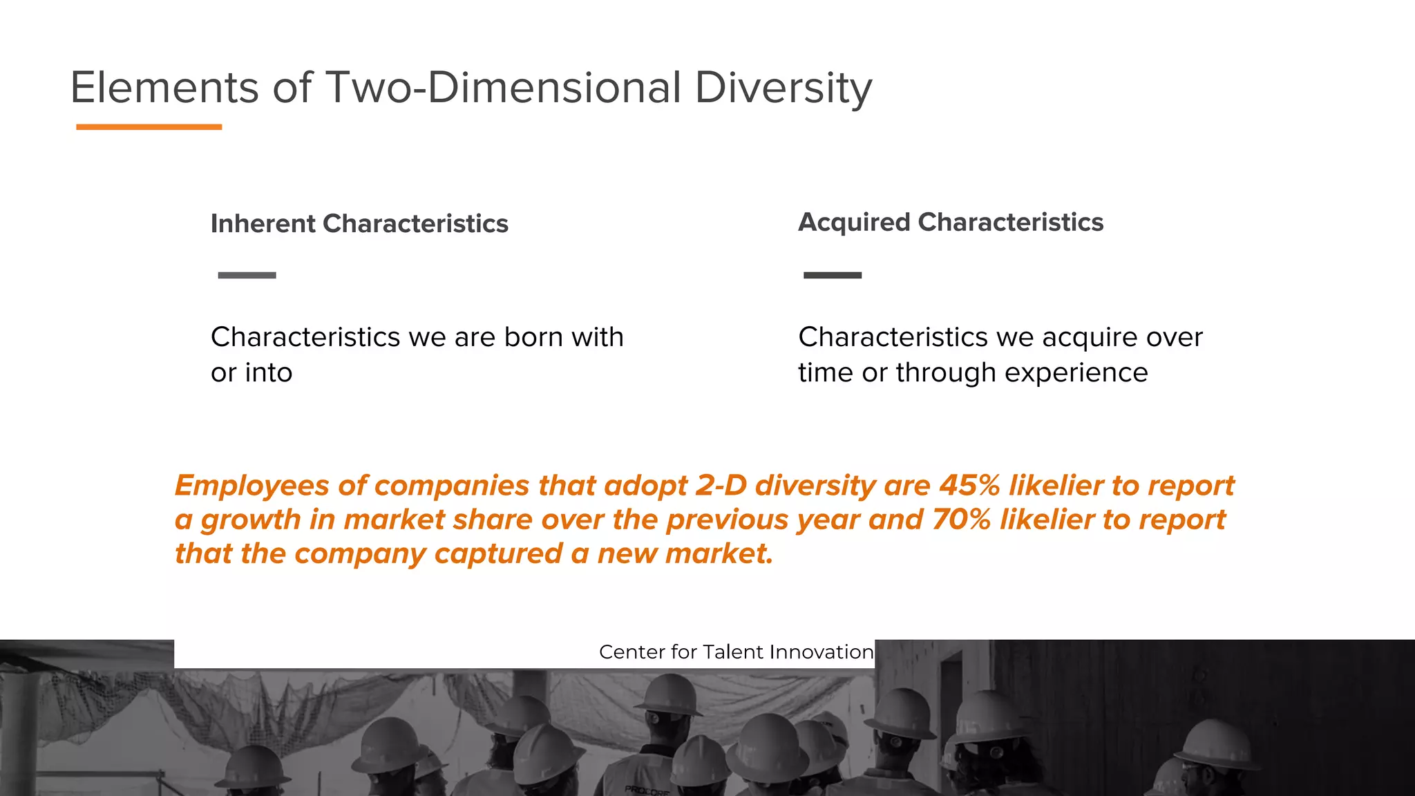 Elements of Two-Dimensional Diversity
Inherent Characteristics Acquired Characteristics
Characteristics we are born with
or into
Characteristics we acquire over
time or through experience
Employees of companies that adopt 2-D diversity are 45% likelier to report
a growth in market share over the previous year and 70% likelier to report
that the company captured a new market.
Center for Talent Innovation
 