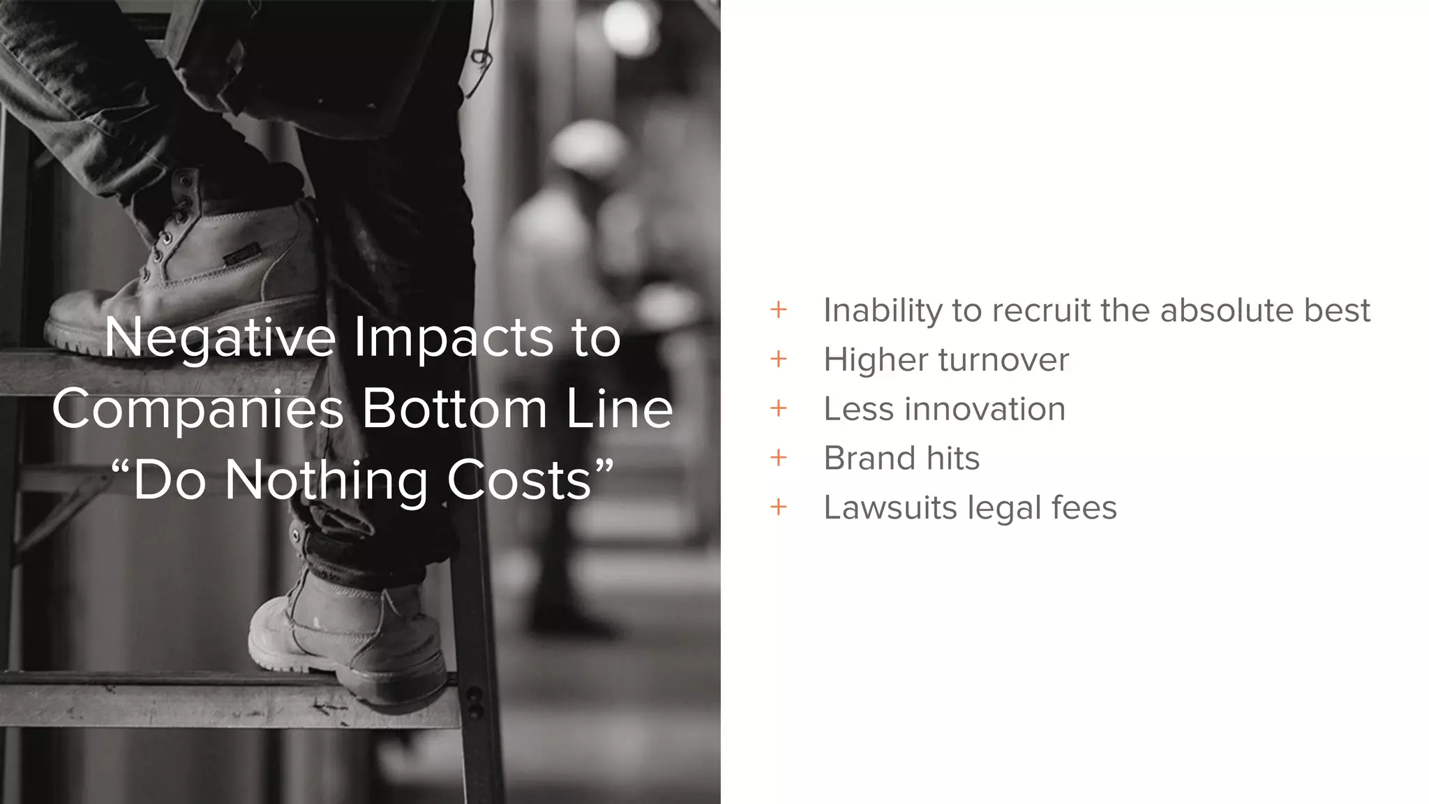 + Inability to recruit the absolute best
+ Higher turnover
+ Less innovation
+ Brand hits
+ Lawsuits legal fees
Negative Impacts to
Companies Bottom Line
“Do Nothing Costs”
 