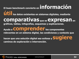El buen benchmark convierte en  información  útil  los datos existentes en sistemas digitales, mediante  comparativas  que se  expresan  en gráficos, tablas, infografías, esquemas y explicaciones.  Ayuda a  comprender  los componentes relevantes en un sistema digital, las condiciones y contexto que hacen que una solución digital sea exitosa y  sugiere  caminos de exploración e intervención. 
