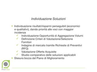 Individuazione Soluzioni

• Individuazione risultati/risparmi perseguibili (economici
  e qualitativi), dando priorità alle voci con maggior
  incidenza
     Individuazione Opportunità di Aggregazione Volumi
     Definizione Criteri di Valutazione/Selezione
         Fornitori
     Indagine di mercato tramite Richieste di Preventivi
         (RFQ)
     Valutazione Offerte Acquisite
     Studio comparativo delle soluzioni applicabili
• Stesura bozza del Piano di Miglioramento
 