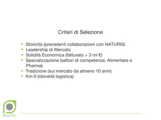 Criteri di Selezione

• Storicità (precedenti collaborazioni con NATURIS)
• Leadership di Mercato
• Solidità Economica (fatturato > 3 ml €)
• Specializzazione (settori di competenza: Alimentare e
  Pharma)
• Tradizione (sul mercato da almeno 10 anni)
• Km 0 (idoneità logistica)
 