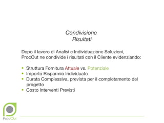 Condivisione
                        Risultati

Dopo il lavoro di Analisi e Individuazione Soluzioni,
ProcOut ne condivide i risultati con il Cliente evidenziando:

• Struttura Fornitura Attuale vs. Potenziale
• Importo Risparmio Individuato
• Durata Complessiva, prevista per il completamento del
  progetto
• Costo Interventi Previsti
 