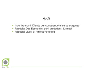 Audit

• Incontro con il Cliente per comprendere le sue esigenze
• Raccolta Dati Economici per i precedenti 12 mesi
• Raccolta Livelli di Attività/Fornitura
 
