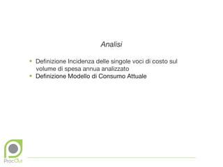Analisi

• Definizione Incidenza delle singole voci di costo sul
  volume di spesa annua analizzato
• Definizione Modello di Consumo Attuale
 