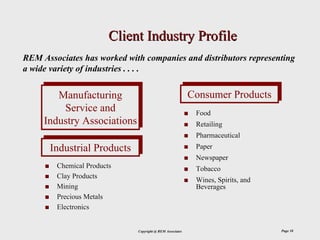 Client Industry Profile
REM Associates has worked with companies and distributors representing
a wide variety of industries . . . .

         Manufacturing
         Manufacturing                                    Consumer Products
                                                          Consumer Products
          Service and
          Service and                                      Food
      Industry Associations
     Industry Associations                                 Retailing
                                                           Pharmaceutical
       Industrial Products
      Industrial Products                                  Paper
                                                           Newspaper
        Chemical Products                                  Tobacco
        Clay Products
                                                           Wines, Spirits, and
        Mining                                             Beverages
        Precious Metals
        Electronics


                             Copyright @ REM Associates                          Page 10
 