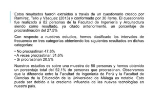 Estos resultados fueron extraídos a través de un cuestionario creado por
Ramírez, Tello y Vásquez (2013) y conformado por 30 ítems. El cuestionario
fue realizado a 82 personas de la Facultad de Ingeniería y Arquitectura
siendo como resultado, ya citado anteriormente, un porcentaje de
procrastinación del 27.5%
Con respecto a nuestros estudios, hemos clasificado los intervalos de
frecuencia en tres categorías obteniendo los siguientes resultados en dichas
categorías:
• No procrastinan 47.8%
• A veces procrastinan 31.6%
• Si procrastinan 20.5%
Nuestros estudios es sobre una muestra de 50 personas y hemos obtenido
un porcentaje total del 52.1% de personas que procrastinan. Observamos
que la diferencia entre la Facultad de Ingeniería de Perú y la Facultad de
Ciencias de la Educación de la Universidad de Málaga es notable. Esto
puede ser debido a la creciente influencia de las nuevas tecnologías en
nuestro país.

 