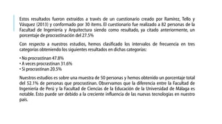 Estos resultados fueron extraídos a través de un cuestionario creado por Ramírez, Tello y
Vásquez (2013) y conformado por 30 ítems. El cuestionario fue realizado a 82 personas de la
Facultad de Ingeniería y Arquitectura siendo como resultado, ya citado anteriormente, un
porcentaje de procrastinación del 27.5%
Con respecto a nuestros estudios, hemos clasificado los intervalos de frecuencia en tres
categorías obteniendo los siguientes resultados en dichas categorías:
• No procrastinan 47.8%
• A veces procrastinan 31.6%
• Si procrastinan 20.5%
Nuestros estudios es sobre una muestra de 50 personas y hemos obtenido un porcentaje total
del 52.1% de personas que procrastinan. Observamos que la diferencia entre la Facultad de
Ingeniería de Perú y la Facultad de Ciencias de la Educación de la Universidad de Málaga es
notable. Esto puede ser debido a la creciente influencia de las nuevas tecnologías en nuestro
país.

 