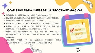 ESTABLECER OBJETIVOS CLAROS Y ALCANZABLES.
DIVIDIR GRANDES TAREAS, EN PEQUEÑAS Y MANEJABLES.
CREAR UN PLAN DE ACCIÓN Y SEGUIRLO.
ASIGNAR TIEMPOS LÍMITE, Y ESTABLECER FECHAS LÍMITE
ALEJAR EL CELULAR Y CUALQUIER OBJETO QUE NOS
DISTRAIGA DE NUESTRAS RESPONSABILIDADES.
ACOSTARSE TEMPRANO, YA QUE ASÍ ES MÁS FÁCIL
MADRUGAR Y REALIZAR TODO AQUELLO QUE TENEMOS
PREVISTO.
UTILIZAR “POST IT” EN LUGARES VISIBLES PARA
ESPECIFICAR EN ELLOS LAS TAREAS QUE DEBEMOS
CONSEJOS PARA SUPERAR LA PROCRASTINACIÓN
 
