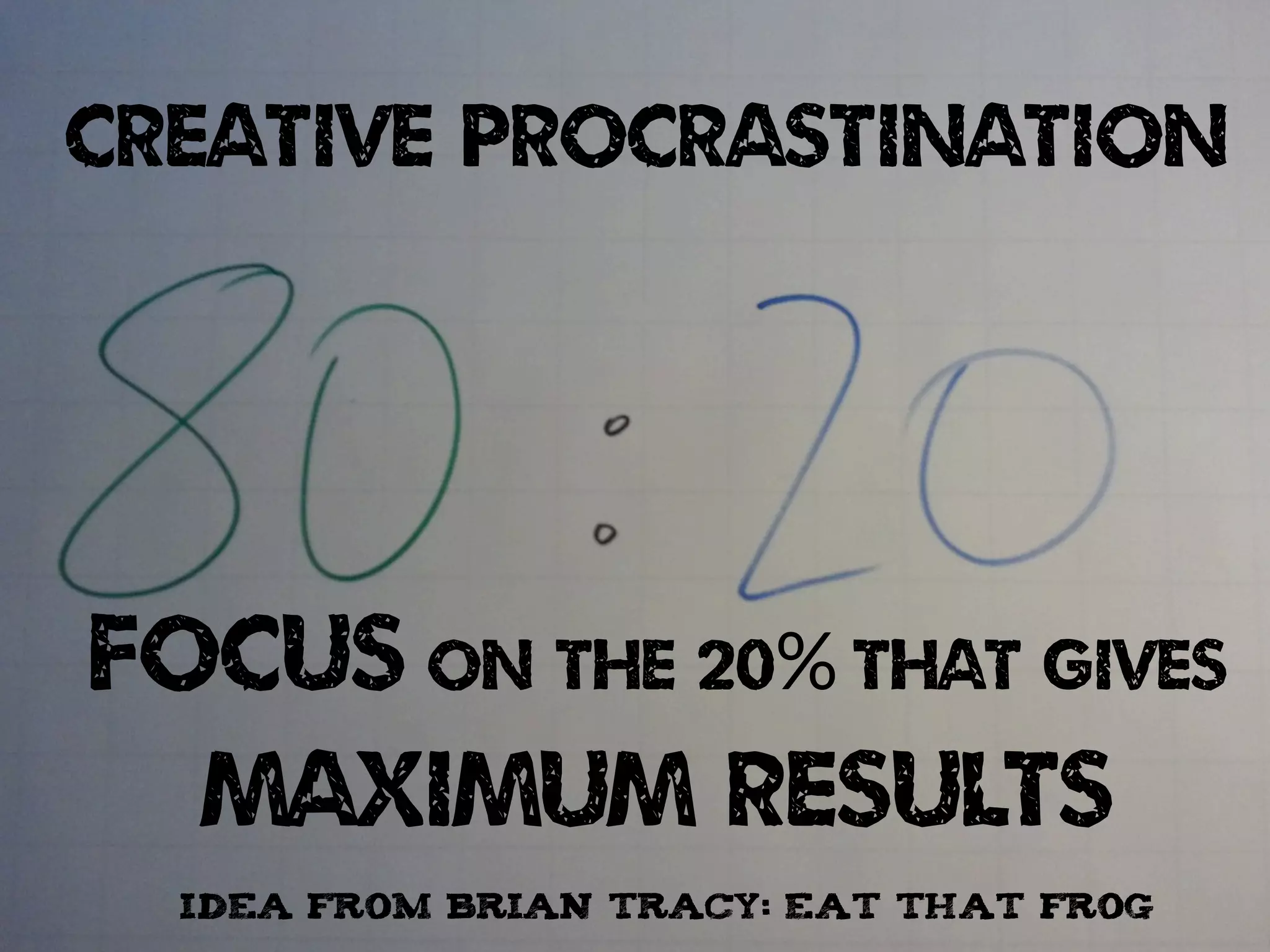 CREATIVE PROCRASTINATION
FOCUS ON THE 20% THAT GIVES
MAXIMUM RESULTS
IDEA from brian tracy: eat that frog
