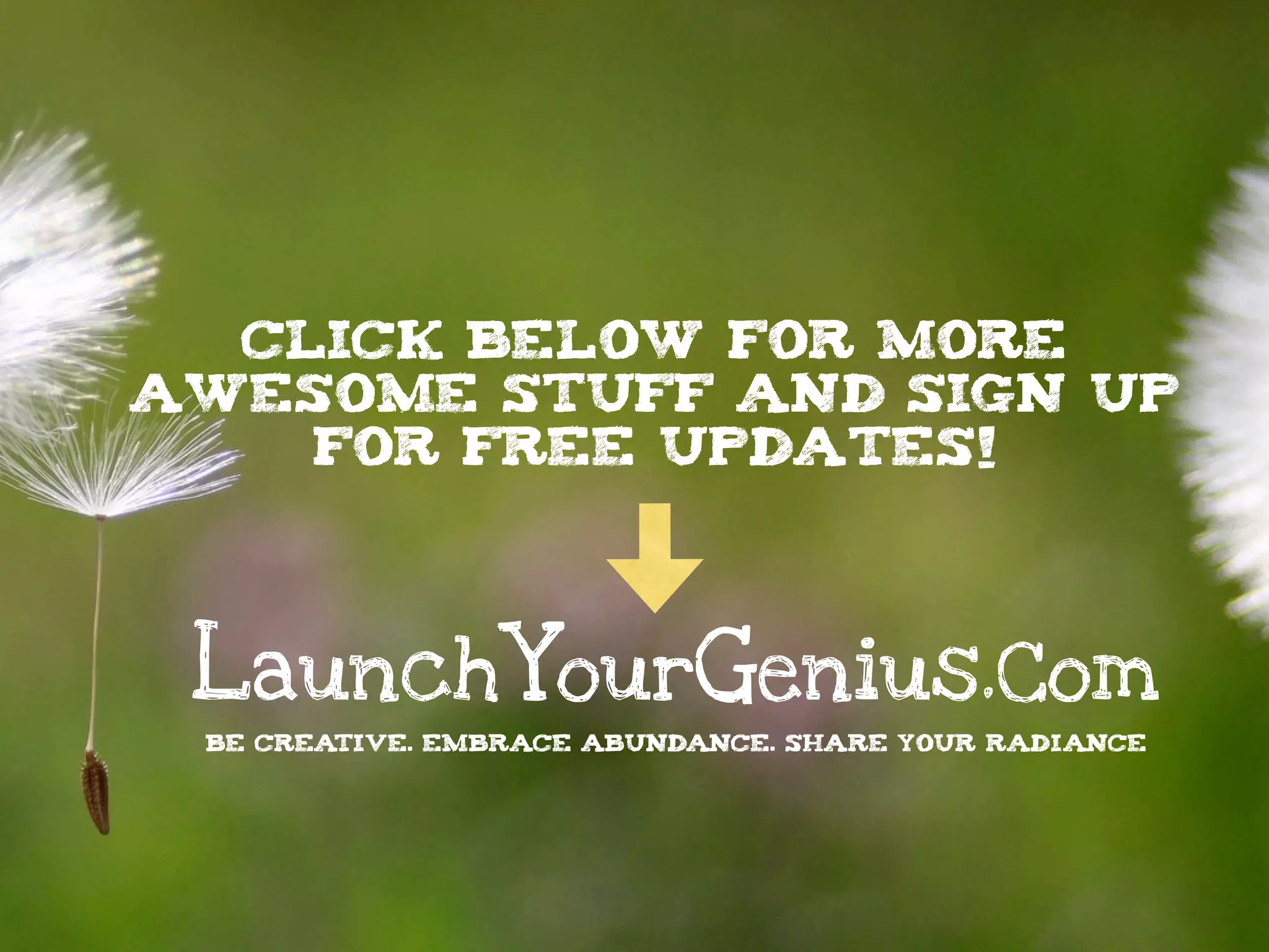 LaunchYourGenius.Com
BE CREATIVE. EMBRACE ABUNDANCE. SHARE YOUR RADIANCE
Click below for more
awesome stuff and sign up
for free updates!