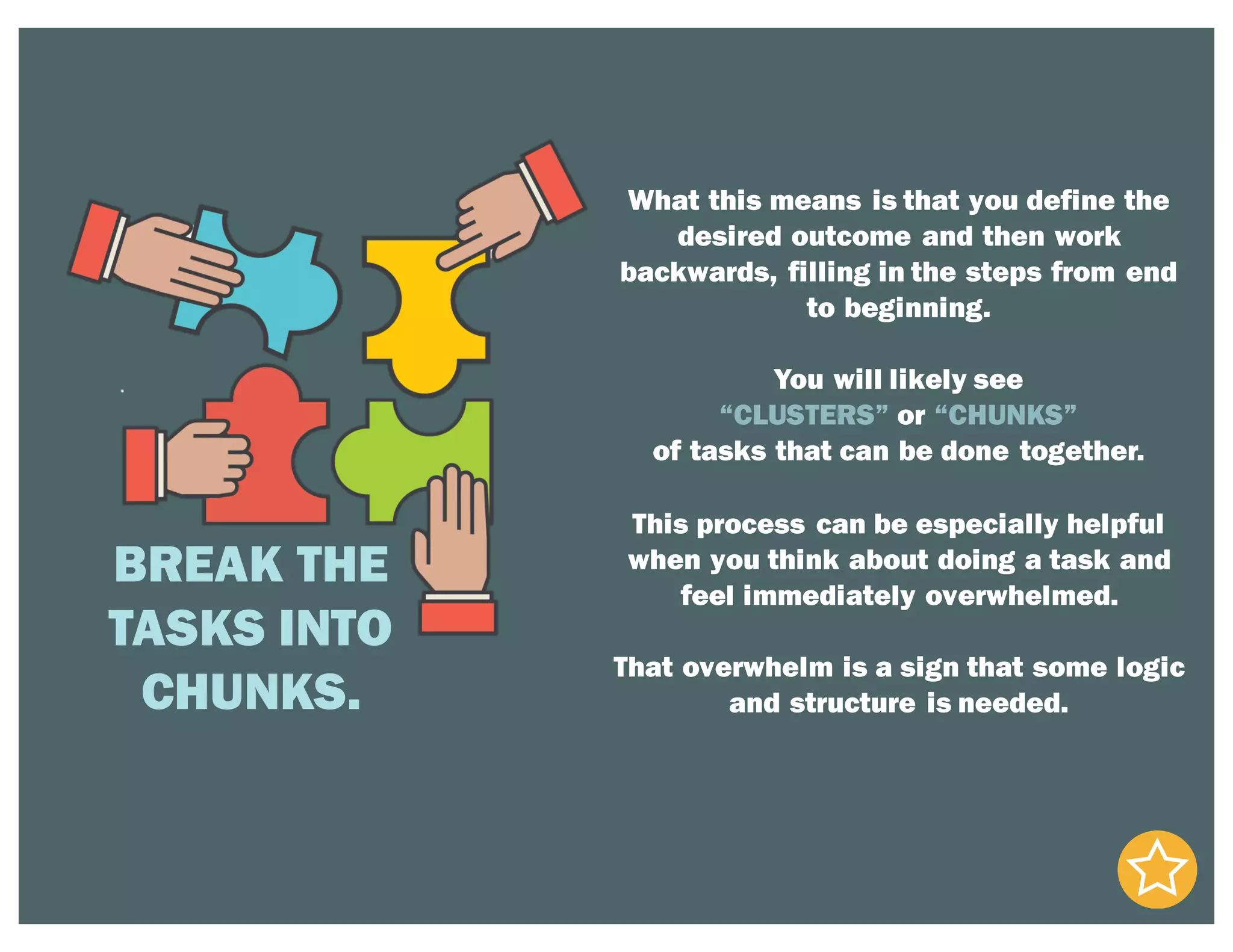 BREAK THE
TASKS INTO
CHUNKS.
What this means is that you define the
desired outcome and then work
backwards, filling in the steps from end
to beginning.
You will likely see
“CLUSTERS” or “CHUNKS”
of tasks that can be done together.
This process can be especially helpful
when you think about doing a task and
feel immediately overwhelmed.
That overwhelm is a sign that some logic
and structure is needed.
 