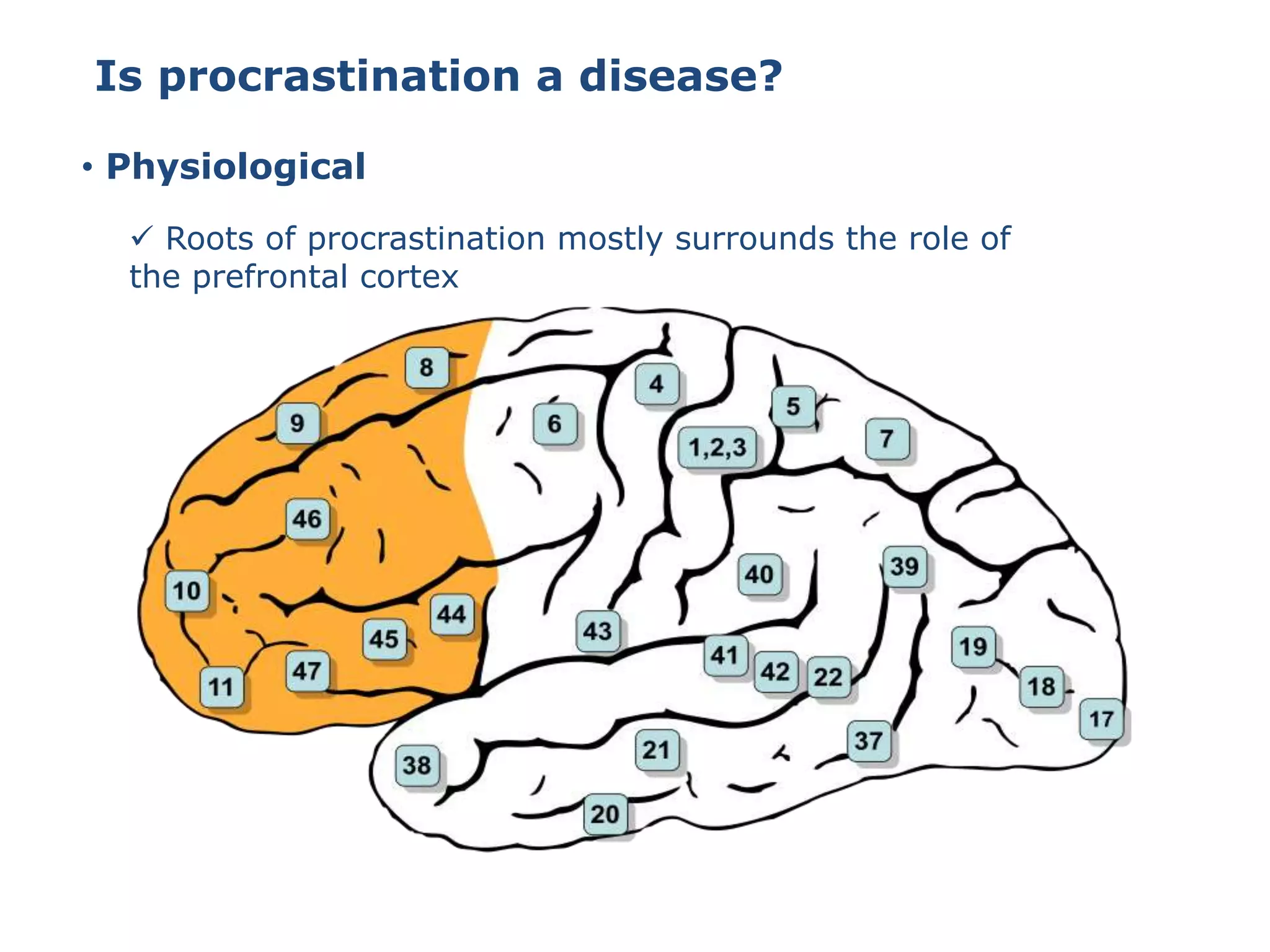 Is procrastination a disease?
• Physiological
 Roots of procrastination mostly surrounds the role of
the prefrontal cortex
 