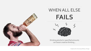 WHEN ALL ELSE 
FAILS 
Drinking alcohol in specified amounts 
can boost creative thinking… 
Study by the University of Illinois, Chicago 
 