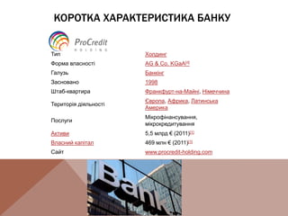 КОРОТКА ХАРАКТЕРИСТИКА БАНКУ
Тип Холдинг
Форма власності AG & Co. KGaA[d]
Галузь Банкінг
Засновано 1998
Штаб-квартира Франкфурт-на-Майні, Німеччина
Територія діяльності
Європа, Африка, Латинська
Америка
Послуги
Мікрофінансування,
мікрокредитування
Активи 5,5 млрд € (2011)[1]
Власний капітал 469 млн € (2011)[1]
Сайт www.procredit-holding.com
 