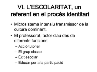 VI. L’ESCOLARITAT, un referent en el procés identitari <ul><li>Microsistema intensiu transmissor de la cultura dominant. <...