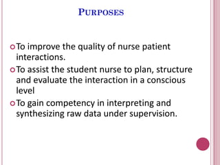 PURPOSES
To improve the quality of nurse patient
interactions.
To assist the student nurse to plan, structure
and evaluate the interaction in a conscious
level
To gain competency in interpreting and
synthesizing raw data under supervision.
 