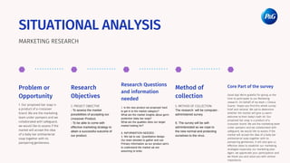 Problem or
Opportunity
1. Our proposed bar soap is
a product of a crossover
brand. We are the marketing
team under pampers and we
collaborated with safeguard,
we would like to assess if the
market will accept the idea
of a baby bar antibacterial
soap together with its
pampering gentleness.
Research
Objectives
2. PROJECT OBJECTIVE
- To assess the market
possibilities of accepting our
crossover Product.
- To be able to come with
effective marketing strategy to
attain a successful outcome of
our product.
Research Questions
and information
needed
3. Is the new product we proposed hard
to get in to the market category?
What are the market insights about germ
protection baby bar soap?
What are the qualities does our target
market looking for?
4. INFORMATION NEEDED:
1. We opt to use Quantitative design.
Our team decided to gather and use
Primary Information as our product aim's
to understand the market we are
assuming to enter.
Method of
collection
5. METHOD OF COLLECTION:
The research will be computer-
administered survey.
6. The survey will be self-
adminterested as we cope to
the new normal and protecting
ourselves to the virus.
Core Part of the survey
Good day! We're grateful for giving us the
time to participate to our Marketing
research. On behalf of my team I, Chesca
Suarez Hopes you find this whole survey
brief and rational. We opt to determine
whether the market will give us warm
welcome to their baby's bath kit. Our
proposed bar soap is a product of a
crossover brand. We are the marketing team
under pampers and we collaborated with
safeguard, we would like to assess if the
market will accept the idea of a baby bar
antibacterial soap together with its
pampering gentleness. It will also give us
effective ideas to establish our marketing
strategies especially our marketing plan.
Again, we appreciate your participation and
we thank you and value you with utmost
importance.
SITUATIONAL ANALYSIS
MARKETING RESEARCH
 