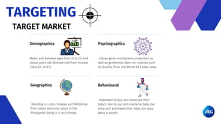 Demographics
Males and Females ages from 21 to 40 and
above years old, Married and from Income
Class B,C and D.
Geographics
Residing in Luzon, Visayas and Mindanao
from Urban and rural areas in the
Philippines living in a hot climate.
Psychographics
Values germ and bacteria protection as
well as gentleness. Keen on criterias such
as Quality, Price and Brand of a baby soap.
Behavioural
Interested to buy and associate their
baby's skin to our Anti-bacterial baby bar
soap and purchases their baby bar soap
twice a month.
TARGETING
TARGET MARKET
 