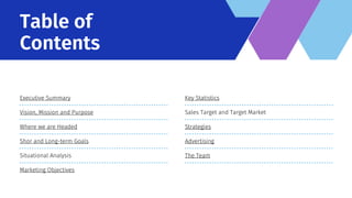 Executive Summary
Vision, Mission and Purpose
Where we are Headed
Shor and Long-term Goals
Situational Analysis
Marketing Objectives
Key Statistics
Sales Target and Target Market
Strategies
Advertising
The Team
Table of
Contents
 