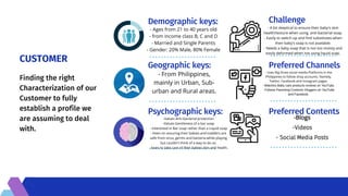 CUSTOMER
Finding the right
Characterization of our
Customer to fully
establish a profile we
are assuming to deal
with.
Demographic keys:
Geographic keys:
Psychographic keys:
Challenge
Preferred Channels
Preferred Contents
- Ages from 21 to 40 years old
- from income class B, C and D
- Married and Single Parents
- Gender: 20% Male, 80% Female
- From Philippines,
mainly in Urban, Sub-
urban and Rural areas.
-Values Anti-bacterial protection
-Values Gentleness of a bar soap
- Interested in Bar soap rather than a Liquid soap
- Keen on assuring their babies and toddlers are
safe from virus, germs and bacteria while playing
but couldn't think of a way to do so.
- loves to take care of their babies skin and health.
- A bit skeptical to ensure their baby's skin
health/texture when using anti-bacterial soap.
- Easily to switch up and find substitutes when
their baby's soap is not available.
- Needs a baby soap that is not too moisty and
easily deformed when not using liquid soap.
- Uses Big three social media Platforms in the
Philippines to follow shop accounts. Namely,
Twitter, Facebook and Instagram pages.
- Watches Baby care products reviews on YouTube.
- Follows Parenting Contents Vloggers on YouTube
and Facebook.
-Blogs
-Videos
- Social Media Posts
 