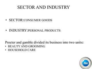 • SECTOR:CONSUMER GOODS
• INDUSTRY:PERSONAL PRODUCTS
Procter and gamble divided its business into two units:
• BEAUTY AND GROOMING
• HOUSEHOLD CARE
SECTOR AND INDUSTRY
 