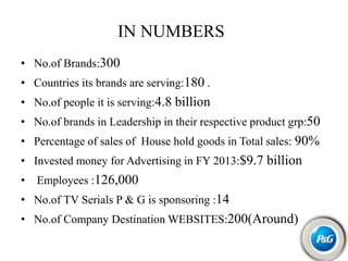 IN NUMBERS
• No.of Brands:300
• Countries its brands are serving:180 .
• No.of people it is serving:4.8 billion
• No.of brands in Leadership in their respective product grp:50
• Percentage of sales of House hold goods in Total sales: 90%
• Invested money for Advertising in FY 2013:$9.7 billion
• Employees :126,000
• No.of TV Serials P & G is sponsoring :14
• No.of Company Destination WEBSITES:200(Around)
 