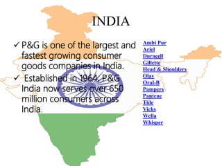 INDIA
 P&G is one of the largest and
fastest growing consumer
goods companies in India.
 Established in 1964, P&G
India now serves over 650
million consumers across
India.
Ambi Pur
Ariel
Duracell
Gillette
Head & Shoulders
Olay
Oral-B
Pampers
Pantene
Tide
Vicks
Wella
Whisper
 