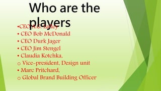 Who are the
players•CEO A.G. Lafley
• CEO Bob McDonald
• CEO Durk Jager
• CEO Jim Stengel
• Claudia Kotchka,
o Vice-president, Design unit
• Marc Pritchard,
o Global Brand Building Officer
 