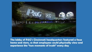The lobby of P&G’s Cincinnati headquarters featured a faux
home and store, so that employees could physically view and
experience the “two moments of truth” every day
 
