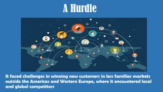 A Hurdle
It faced challenges in winning new customers in less familiar markets
outside the Americas and Western Europe, where it encountered local
and global competitors
 