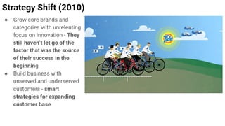 Strategy Shift (2010)
● Grow core brands and
categories with unrelenting
focus on innovation - They
still haven’t let go of the
factor that was the source
of their success in the
beginning
● Build business with
unserved and underserved
customers - smart
strategies for expanding
customer base
 