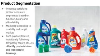 Product Segmentation
● Products satisfying
similar needs are
segmented based on
function, luxury and
affordability
● Marketed according to
usability and target
market
● Each product treated
individually following
temporary failure of Luvs
- Rectify past mistakes
and incorporate
learnings
 