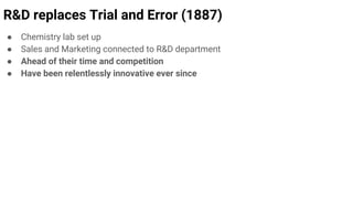 R&D replaces Trial and Error (1887)
● Chemistry lab set up
● Sales and Marketing connected to R&D department
● Ahead of their time and competition
● Have been relentlessly innovative ever since
 