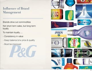Influence of Brand
Management
Brands drive out commodities
Not short-term sales, but long-term
loyalty
To maintain loyalty….
- Consistency in value
- Keep balance b/w price & quality
- Must be improved
13
 