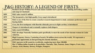 P&G HISTORY: A LEGEND OF FIRSTS1837 Brothers-in-law William Procter and James Gamble start a partnership, making and selling candles
and soap in Cincinnati
1859 P&G sales reach $1 million
1879 The inexpensive, but high-quality Ivory soap is introduced
1924 P&G is one of the first to create a market research department to study consumer preferences and
buying habits
1955 Crest, the first toothpaste with fluoride clinically proven to fight cavities, is introduced
1961 Pampers is introduced and eventually replaces cloth diapers
1980 Sales reach $10 billion
2002 P&G develops Naturally feminine pads specifically to meet the needs of low-income women in Latin
America.
2005 High Frequency Stores, Consisting of nearly 20 million stores across the world, FS represents a
particular opportunity in fast-growing low income markets.
Today P&G operates in 80 countries worldwide, employing more than 100,000.
Has 13 billion dollar brands in its portfolio: Charmin, Tide, Pantene, Iams, Folgers, Crest, Olay,
Always, Ariel, Bounty, Downy, Pringles, Pampers.
 