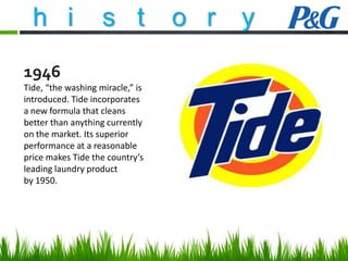 h i

s t

1946
Tide, “the washing miracle,” is
introduced. Tide incorporates
a new formula that cleans
better than anything currently
on the market. Its superior
performance at a reasonable
price makes Tide the country’s
leading laundry product
by 1950.

o r

y

 