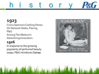 h i

s t

1923
Crisco Sponsors Cooking Shows
On Network Radio, Placing
P&G
Among The Medium’s
Advertising Innovators.

1926
In response to the growing
popularity of perfumed beauty
soaps, P&G introduces Camay

o r

y

 