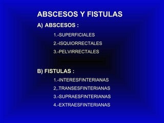 ABSCESOS Y FISTULAS
A) ABSCESOS :
1.-SUPERFICIALES
2.-ISQUIORRECTALES
3.-PELVIRRECTALES
B) FISTULAS :
1.-INTERESFINTERIANAS
2,.TRANSESFINTERIANAS
3.-SUPRAESFINTERIANAS
4.-EXTRAESFINTERIANAS
 
