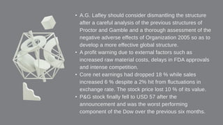 • A.G. Lafley should consider dismantling the structure
after a careful analysis of the previous structures of
Proctor and Gamble and a thorough assessment of the
negative adverse effects of Organization 2005 so as to
develop a more effective global structure.
• A profit warning due to external factors such as
increased raw material costs, delays in FDA approvals
and intense competition.
• Core net earnings had dropped 18 % while sales
increased 6 % despite a 2% hit from fluctuations in
exchange rate. The stock price lost 10 % of its value.
• P&G stock finally fell to USD 57 after the
announcement and was the worst performing
component of the Dow over the previous six months.
 